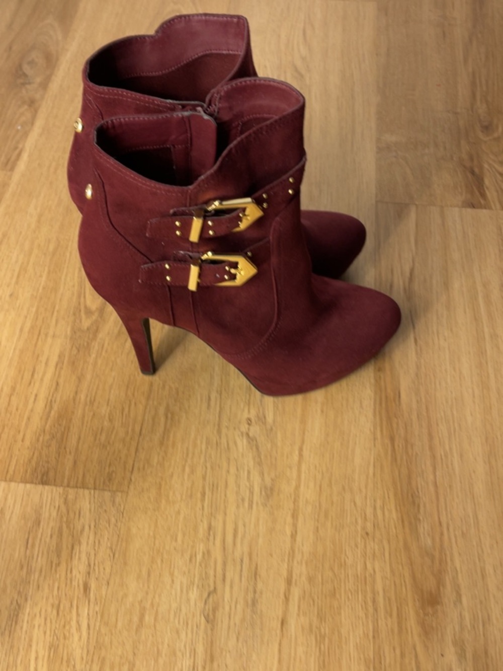 Guess Burgundy Suede High Heel Ankle Boots with Gold Buckles